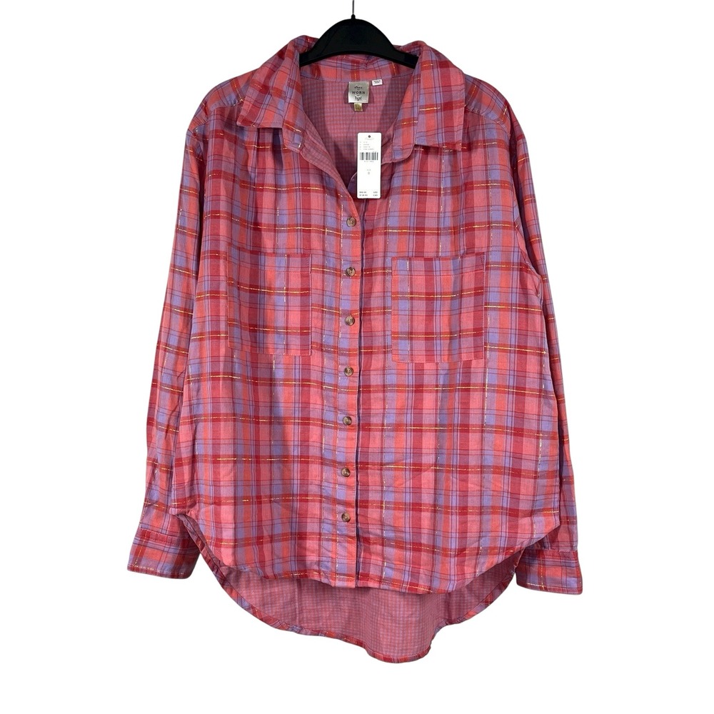 NWT Seen Warn Kept Anthropologie Carl Button Up Womens 8 Pink Metalic Shirt